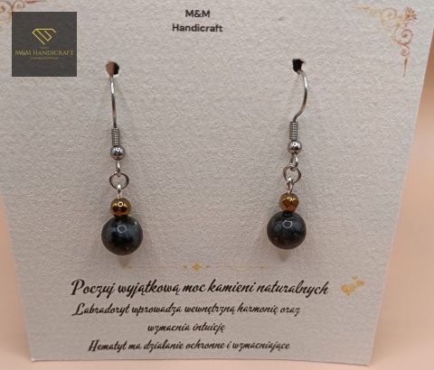Ekskluzywny zestaw biżuterii handmade – kolczyki i bransoletka z labradorytu i złotego hematytu