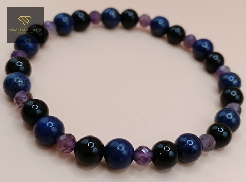Ręcznie robiona bransoletka z kamieni naturalnych - lapis lazuli, onyks i ametyst