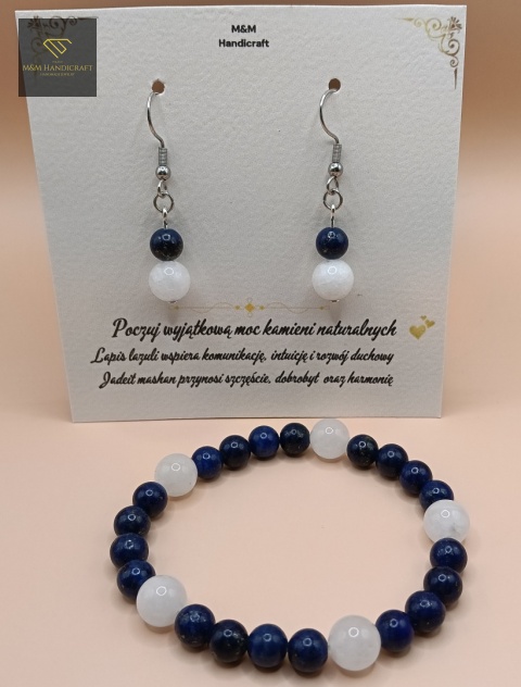Zestaw biżuterii handmade – bransoletka i kolczyki z lapis lazuli i jadeitu mashan