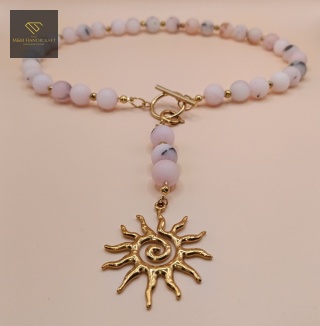 Naszyjnik 2w1 z kwarcu różowego i hematytu ze słońcem - biżuteria handmade
