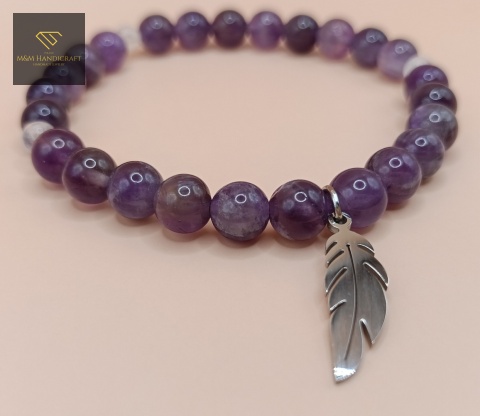 zestaw-spokój-bransoletka-z-kamieni-naturalnych-ametyst-i-kryształ-górski-zawieszka-piórko-stal-chirurgiczna-handmade