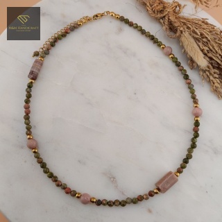 Choker W Objęciach Jesieni Kamienie Naturalne Rodonit, Unakit Biżuteria Handmade