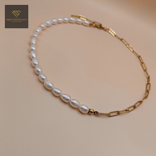 Naszyjnik Asymetryczny Modern Pearl Perły Naturalne i Złota Stal Chirurgiczna