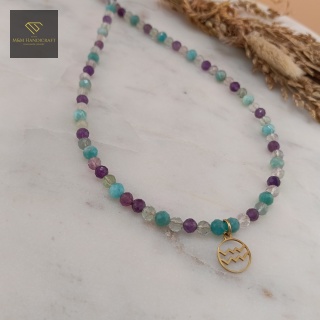 Naszyjnik dla Zodiakalnego Wodnika Ametyst, Amazonit, Fluoryt Ręcznie Robiony