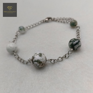Srebrna bransoletka z agatem mszystym na łańcuszku ze stali chirurgicznej handmade