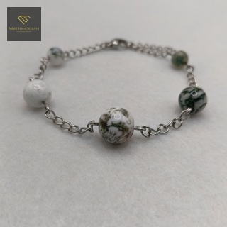 Srebrna bransoletka z agatem mszystym na łańcuszku ze stali chirurgicznej handmade